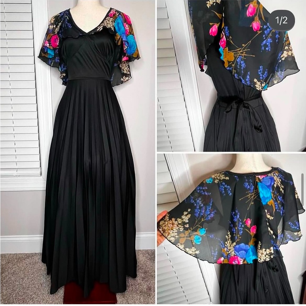Vintage pleated maxi dress with sheer floral shoulder overlay. Size 12/14.